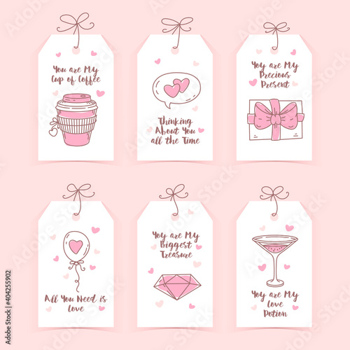 Valentine's day badge collection with lettering, pastel colors on whine background