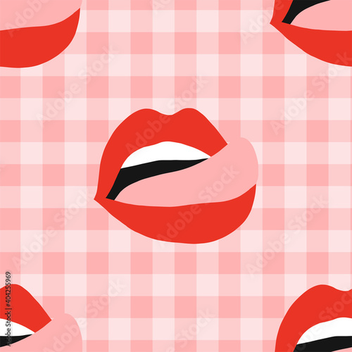 Pinup woman lips with tongue out on pink plaid shabby chic background seamless pattern Red lipstick mouth background Cowgirl sexy farm design. Vector illustration