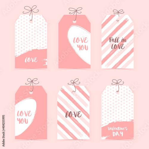 Valentine's day flat badge collection with lettering, pastel colors on whine background
