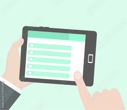Hand holding and pointing at digital tablet. Two hands and information screen. Isolated on blue background. Vector illustration