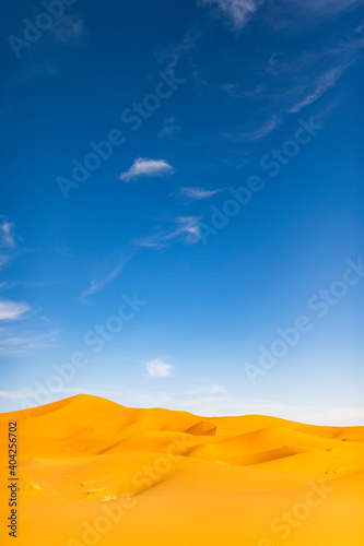  Selective focus  Stunning view of some sand dunes illuminated during a sunny day in Merzouga  Morocco. Natural background with copy space.