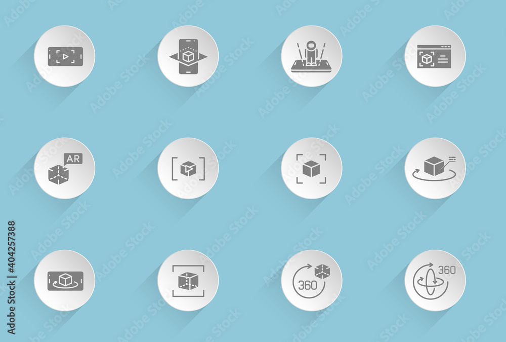Augmented reality vector icons on round puffy paper circles with transparent shadows on blue background. Stock vector icons for web, mobile and user interface design Augmented reality vector icons on round puffy paper circles with transparent shadows on blue background. Stock vector icons for web, mobile and user interface design