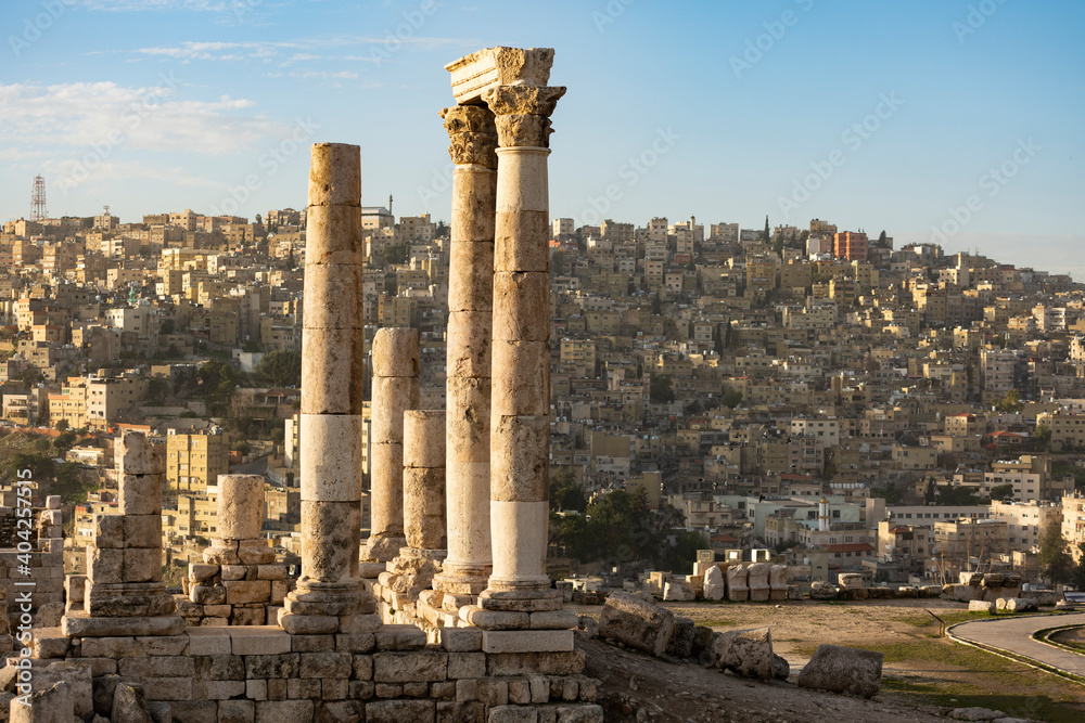 Stunning view of the old ruins in the Amman Citadel, Jordan. The Amman Citadel is a historical site at the center of downtown Amman, Jordan