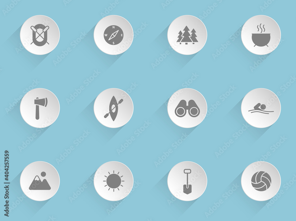 camping vector icons on round puffy paper circles with transparent shadows on blue background. Stock vector icons for web, mobile and user interface design camping vector icons on round puffy paper circles with transparent shadows on blue background. Stock vector icons for web, mobile and user interface design
