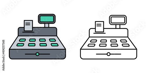 cash register color flat outline illustration isolated on white background. cash register with price and check vector icon for web and ui design, mobile apps and print products