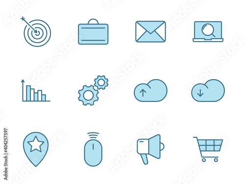Seo flat vector icons in two colors isolated on white background. Seo blue icon set for web design, ui, mobile apps and print