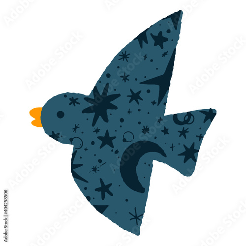 a blue bird with yellow beak filled with stars and moo 