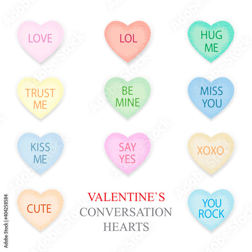 Valentines conversation hearts candy set on white. Valentines Day lettering decor. 
