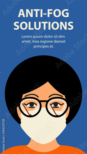 Anti-fog solutions. Fogging glasses when wearing glasses and mask in cold time. Onboarding mobile app page screen vector template. Portrait of woman in glasses with wipers wiping condensation.
