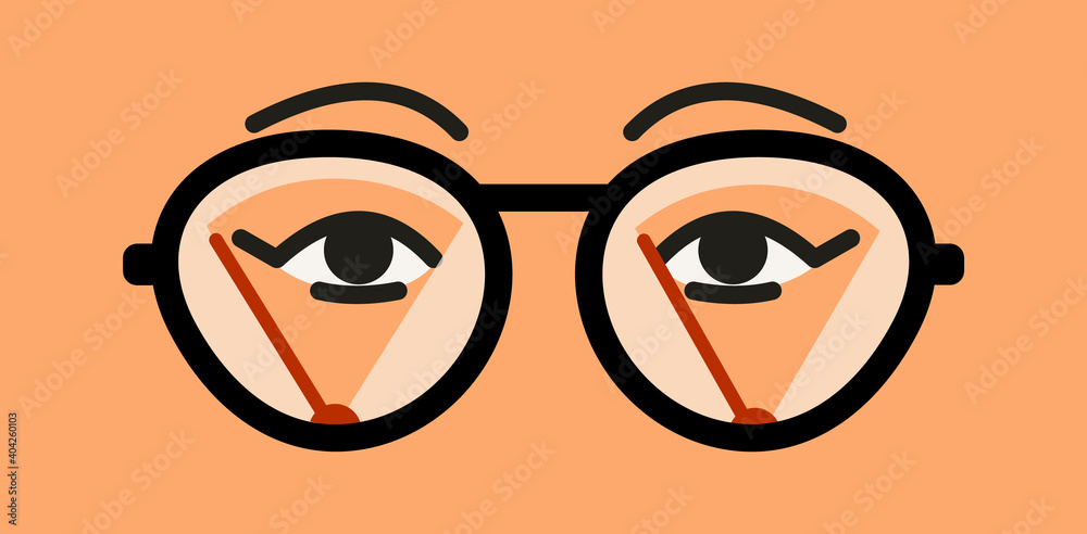 Fototapeta premium Misted glasses. Glasses lenses in the fog. Wipers cleaning moisture from the surface. Female eyes and eyebrows close up. Vector flat illustration of foggy glasses problem.