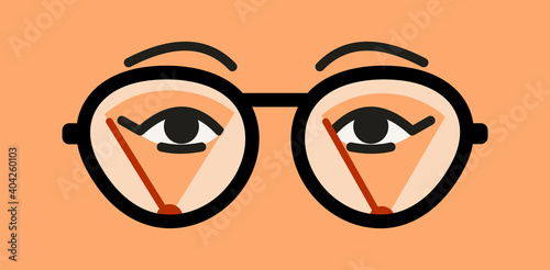 Misted glasses. Glasses lenses in the fog. Wipers cleaning moisture from the surface. Female eyes and eyebrows close up. Vector flat illustration of foggy glasses problem.