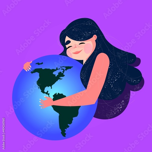 Joven abrazando al planeta tierra. Concepto de cuidar nuestro planeta.