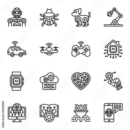 Artificial intelligence icon set with machine learning, smart robotic and cloud computing network digital AI technology. Thin line style stroke vector.