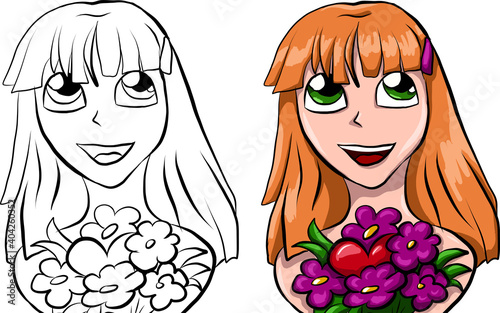 portrait of cute girl with flowers and heart. red gorl portrait in love