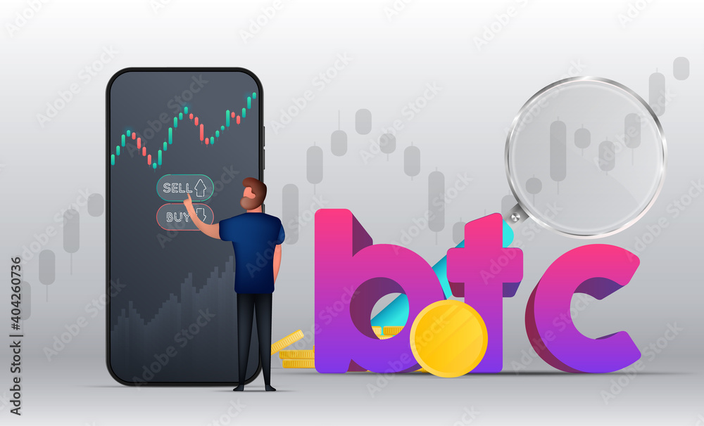 Trading banner. A man buys bitcoin on a mobile app. Stock market investment trading concept. Candlestick chart. Vector illustration.