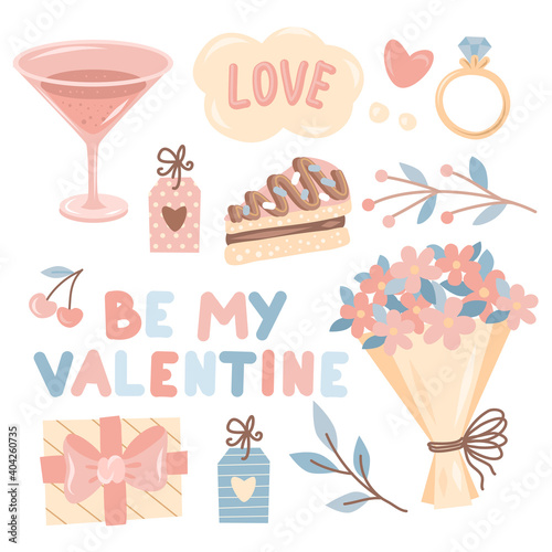 Valentine's day attribute collection with lettering, pastel colors on whine background