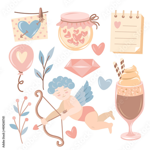 Valentine's day symbols collection, pastel colors on whine background
