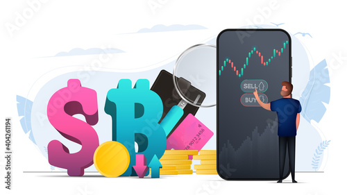 A man buys a dollar or bitcoin. Stock market investment trading concept. Candlestick chart. Vector illustration.