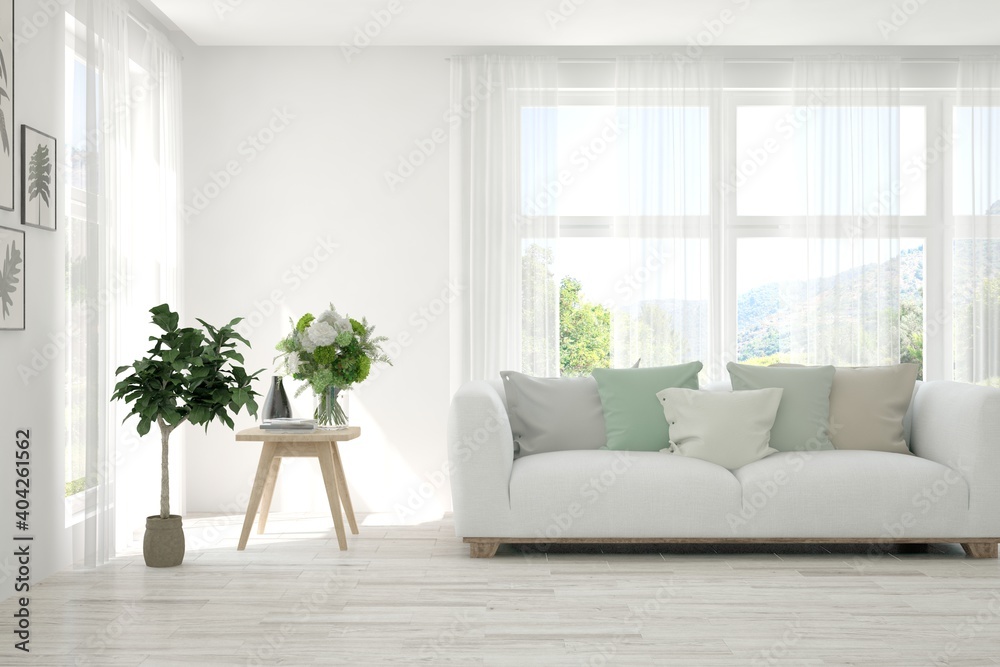Fototapeta premium White living room with sofa. Scandinavian interior design. 3D illustration