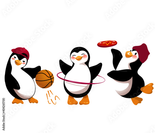 Cartoon penguin doing sports outside. Vector Illustration isolated on white background.