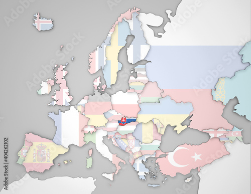 3D Europakarte auf die Slowakei hervorgehoben wird und die restlichen Flaggen transparent sind
