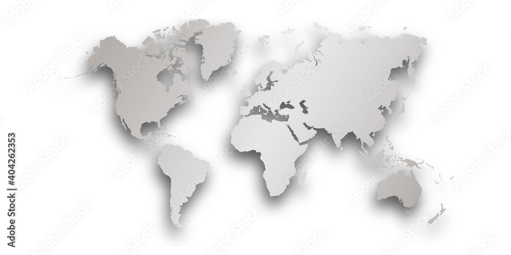 silver World map with shadow - vector illustration of earth map on transparent background