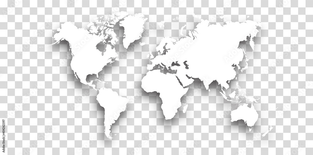 white World map with shadow - vector illustration of earth map on transparent background - obrazy, fototapety, plakaty 