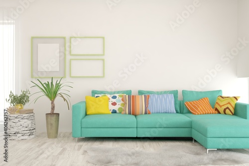 White living room with sofa. Scandinavian interior design. 3D illustration