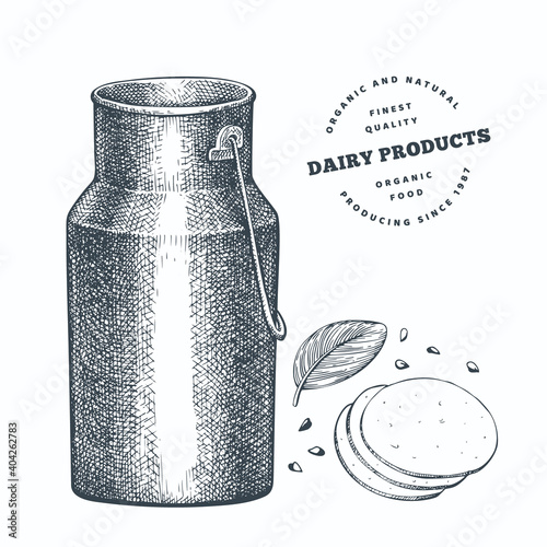 Hand drawn sketch style milk metal jug. Organic fresh food vector illustration isolated on white background. Retro dairy product illustration. Engraved style rustic picture.