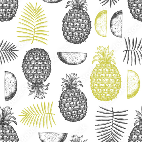 Hand drawn sketch style pineapple seamless pattern. Organic fresh fruit vector illustration on white background. Engraved style botanical design.