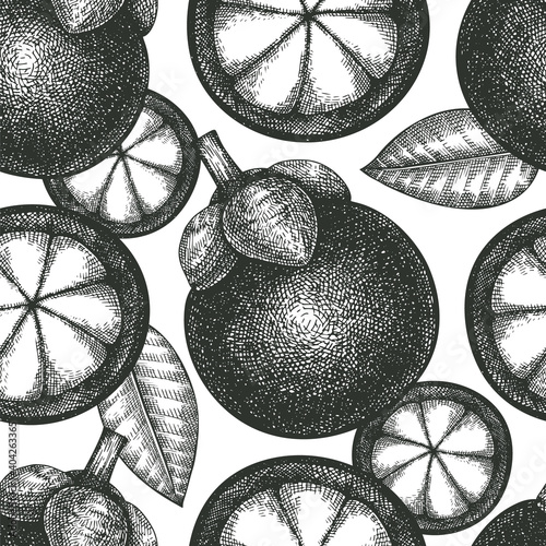 Hand drawn sketch style mangosteen seamless pattern. Organic fresh food vector illustration. Retro fruit background. photo