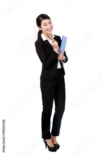 Businesswoman holding a pen and a portfolio