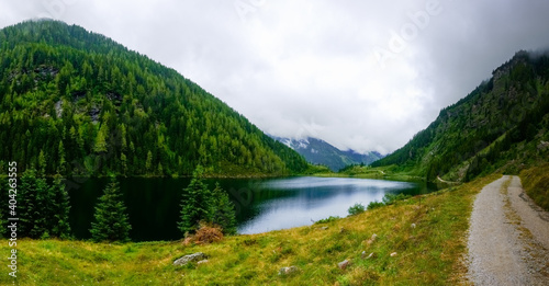 mountain lake with green mountains and trees near a dirt road panorama