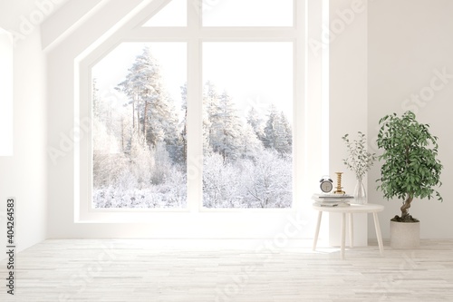 Mock up of empty room in white color with winter landscape in window. Scandinavian interior design. 3D illustration