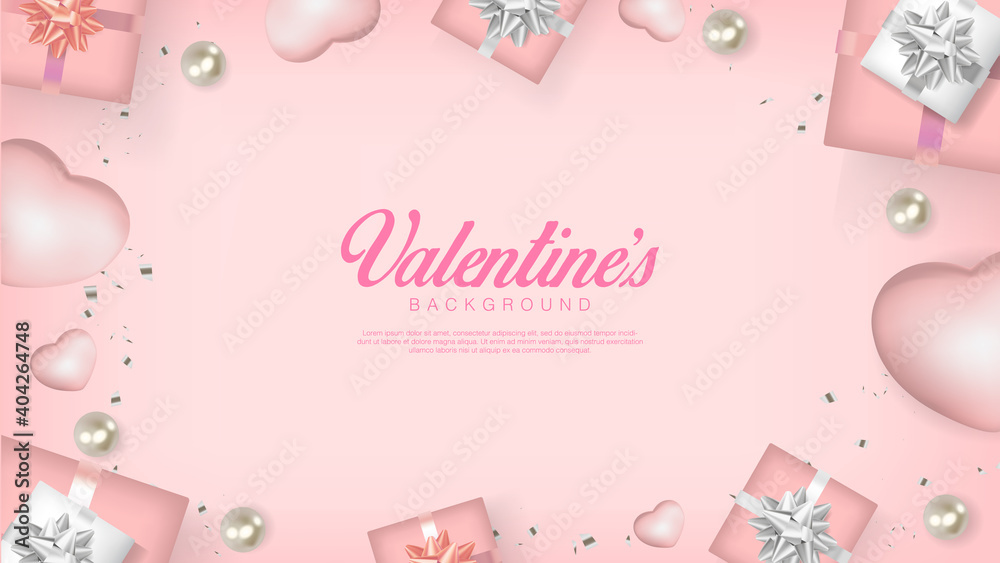 Realistic valentines day. Romantic Premium Vector background with hearts, pearls, giftbox and confetti. Flatlay