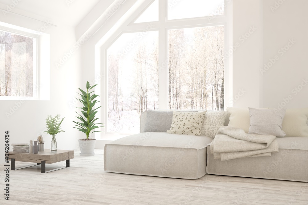 Fototapeta premium White living room with sofa. Scandinavian interior design. 3D illustration