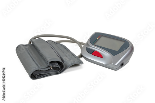 Digital blood pressure measuring device isolated on white background.