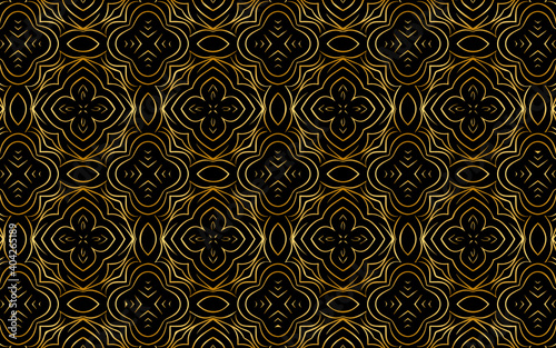 Ethnic floral ornament made of gold pattern. Geometric black background. Design for wallpaper, wrapping paper, textile, fabric, website, stained glass decor.