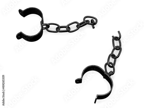 Broken shackles on chain 3d rendering photo