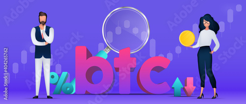 Man and woman businessmen invest in bitcoin. Money training banner. Gold coins, wallet, bank card, magnifier, chart. Vector.