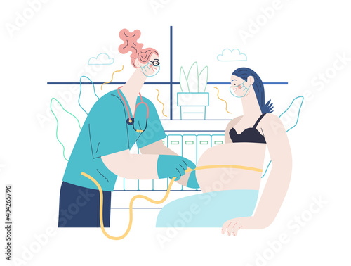 Medical insurance illustration -routine pregnancy cover -modern flat vector concept digital illustration of a pregnant woman at the obstetrician reception, tape measuring process, medical insurance