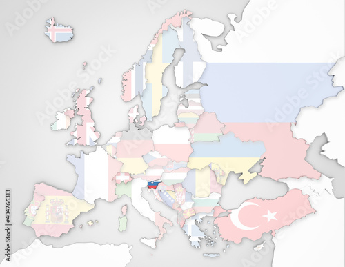 3D Europakarte auf der Slowenien hervorgehoben wird und die restlichen Flaggen transparent sind