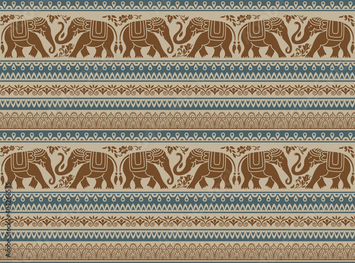 Seamless pattern with decorative elephants, flowers and borders. Southeast Asian, African style.