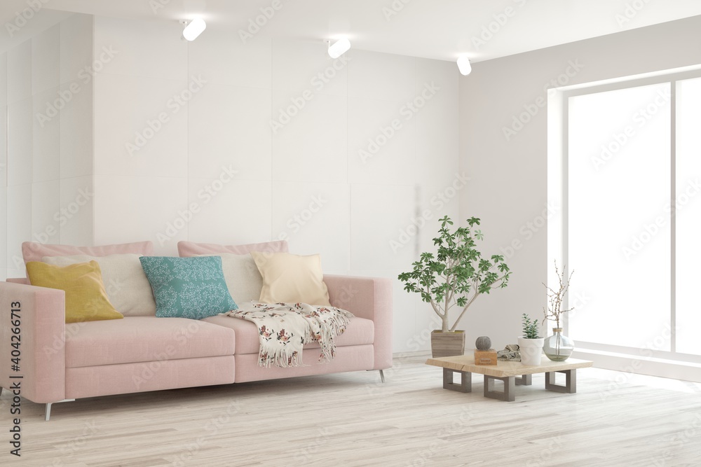 Obraz premium White living room with sofa. Scandinavian interior design. 3D illustration