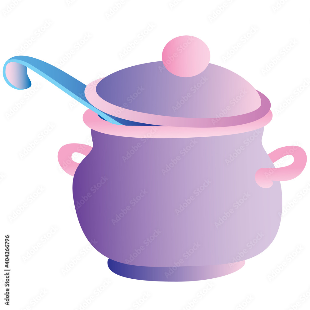 purple saucepan with ladle, cartoon illustration, isolated object on white background, vector, purple saucepan with ladle, cartoon illustration, isolated object on white background, vector,