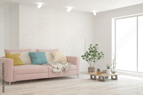 White living room with sofa. Scandinavian interior design. 3D illustration