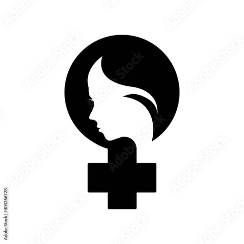 Feminist icon. Symbol of feminist movement. Female symbol with female face. Protest and revolution, feminists fight. Feminism activists symbol of strength, equality and riot, woman rights union