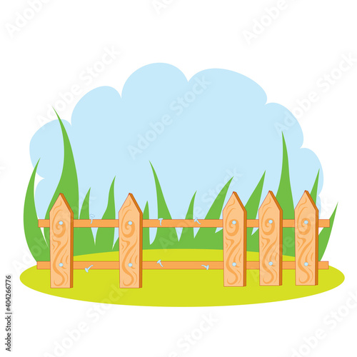 unfinished wooden fence on green grass background, cartoon illustration, isolated object on white background, vector,