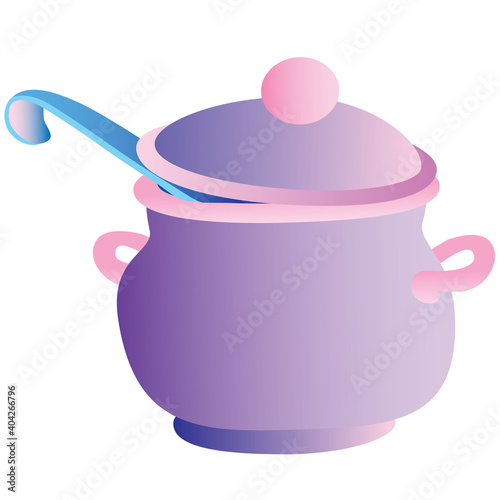 purple saucepan with ladle, cartoon illustration, isolated object on white background, vector,
