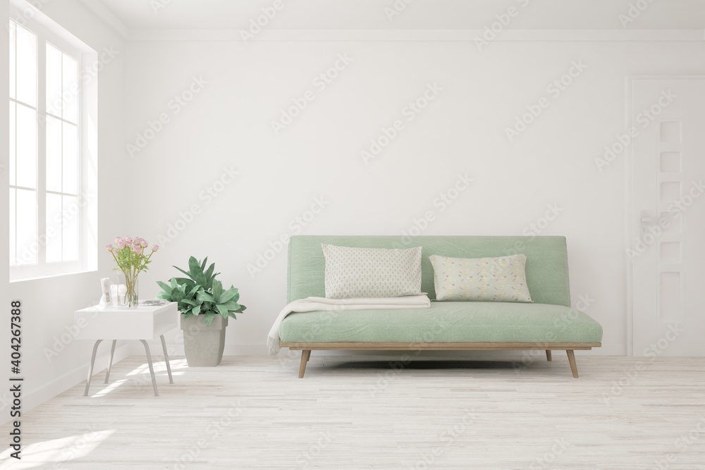 Fototapeta premium White living room with sofa. Scandinavian interior design. 3D illustration